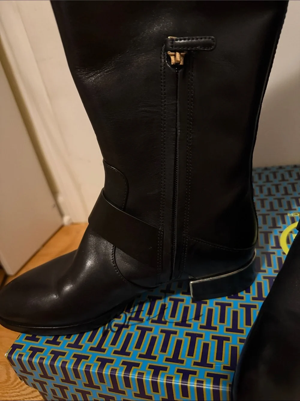 Tory Burch Black Tall Leather Riding Boots with Gold Buckle